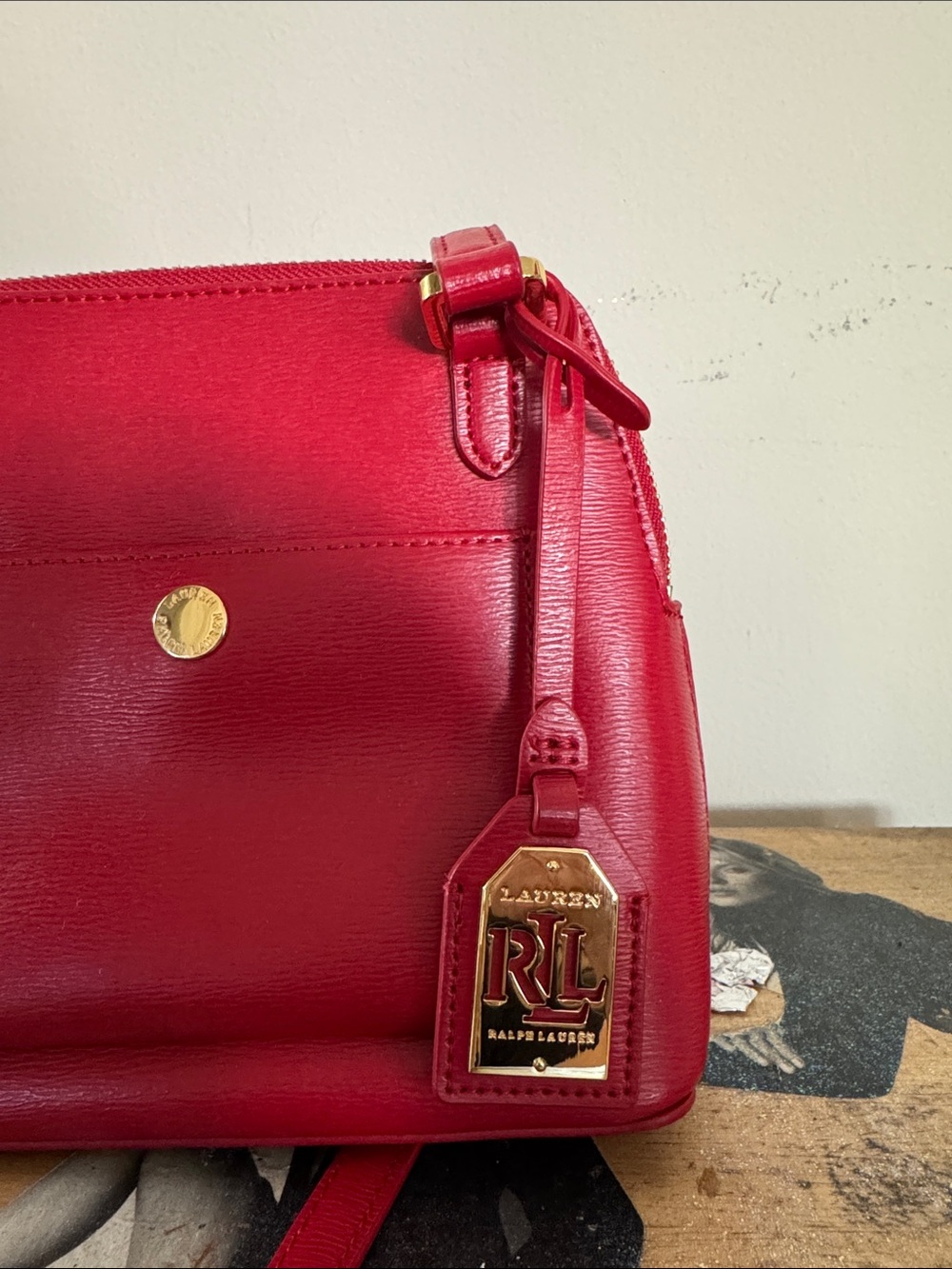 Ralph Lauren Red Leather Shoulder Bag with Gold RL Tag